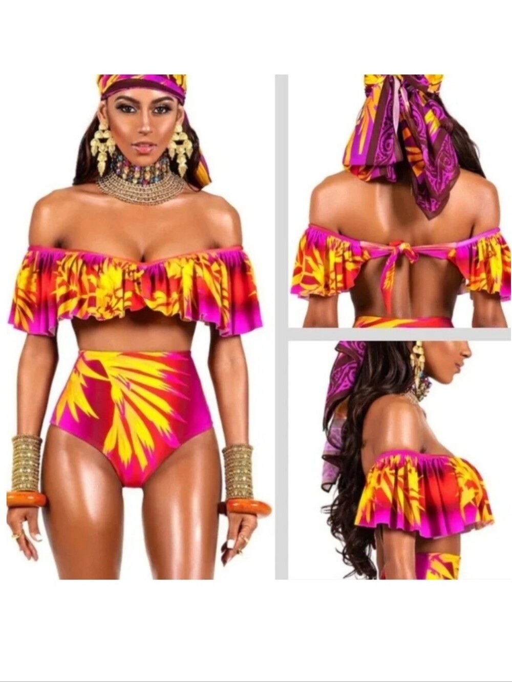 New Bfyne Zaida Red Yellow Ruffled Off The Shoulder Swim Top Medium
